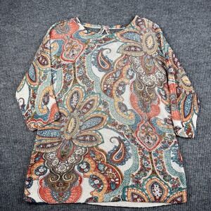 Chicos Sweater Womens 3/XL Paisley 3/4 Sleeve Knit Tunic Coastal Boho Preppy